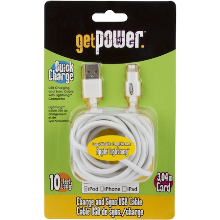 GetPower Lightning To USB Charge And Sync Cable 10 Ft. White
